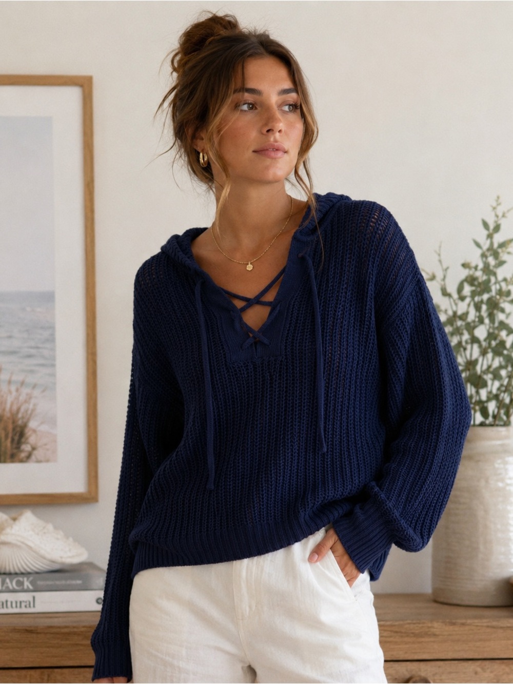 Lightweight Open Knit Lace Up Hoodie Sweater Coastal Grandmother Beachy Boho